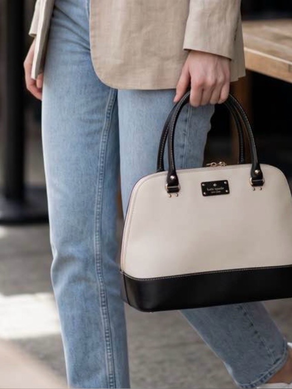 kate spade Black and Tan Color Block Tote with Zipper Closure